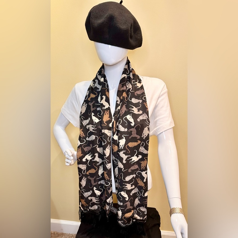 🌟HP🌟VTG 1990s Museum of Fine Arts Boston (MFA) Black 100% Silk Cat Scarf Fringe - Picture 11 of 11